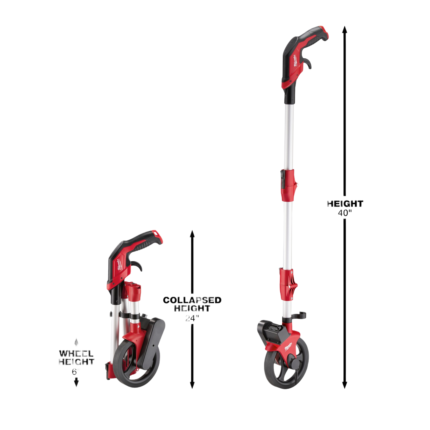 Red and silver Milwaukee measuring wheel with folding aluminum frame and locking pivot points for durable home improvement use