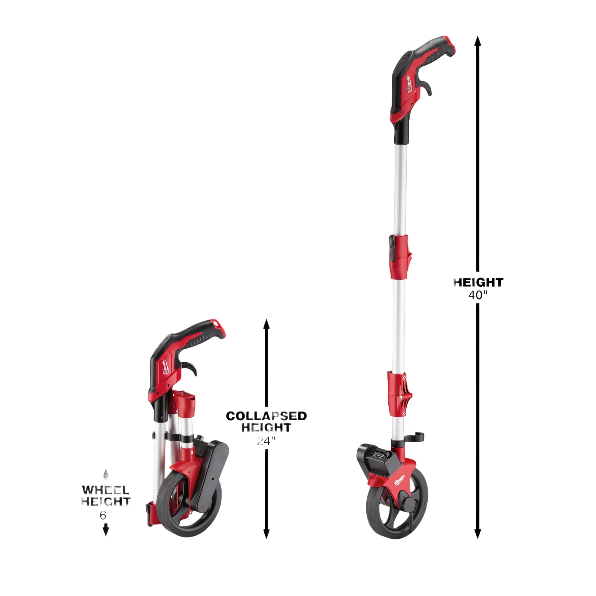Red and silver Milwaukee measuring wheel with folding aluminum frame and locking pivot points for durable home improvement use