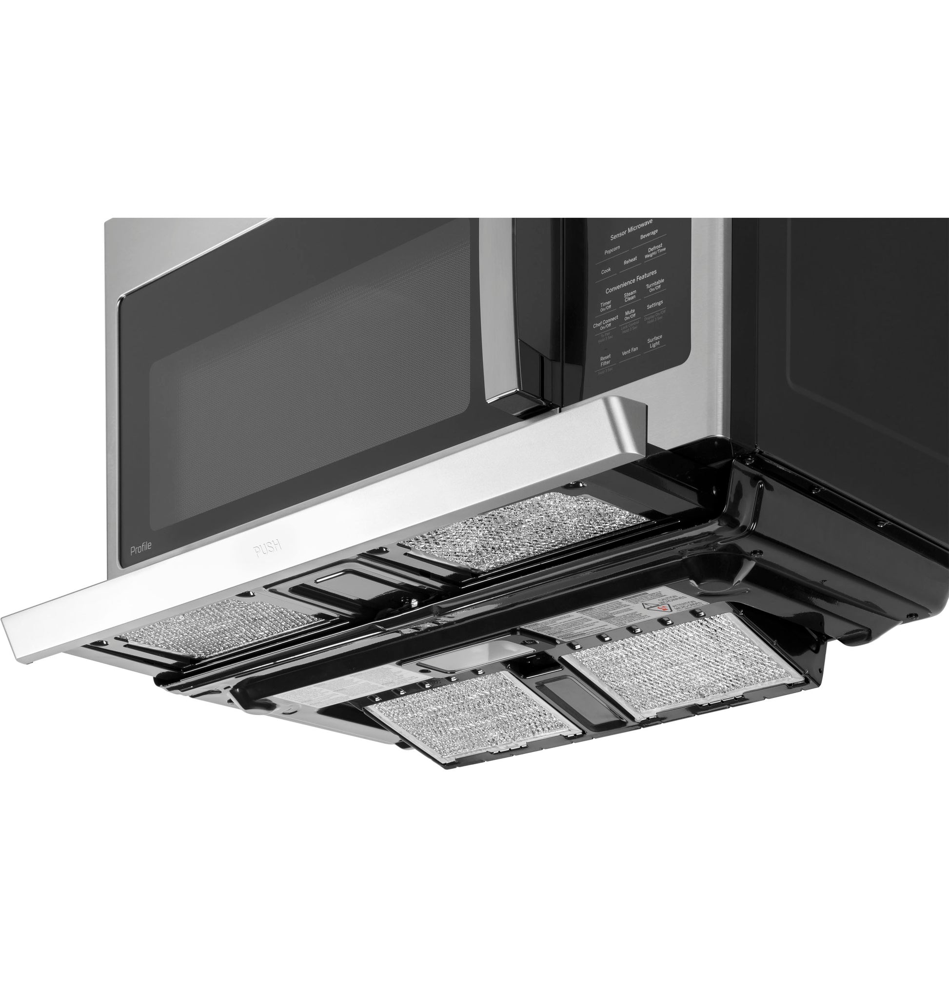 Stainless steel over-the-range microwave with extendable slide-out vent and sensor controls in kitchen appliances collection