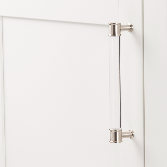 Clear acrylic cabinet pull with satin nickel ends for kitchen and furniture hardware under $50 collections