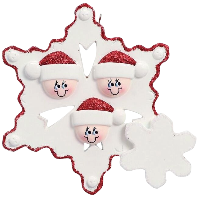 White snowflake ornament with three smiling faces wearing red Santa hats for Christmas décor under $50