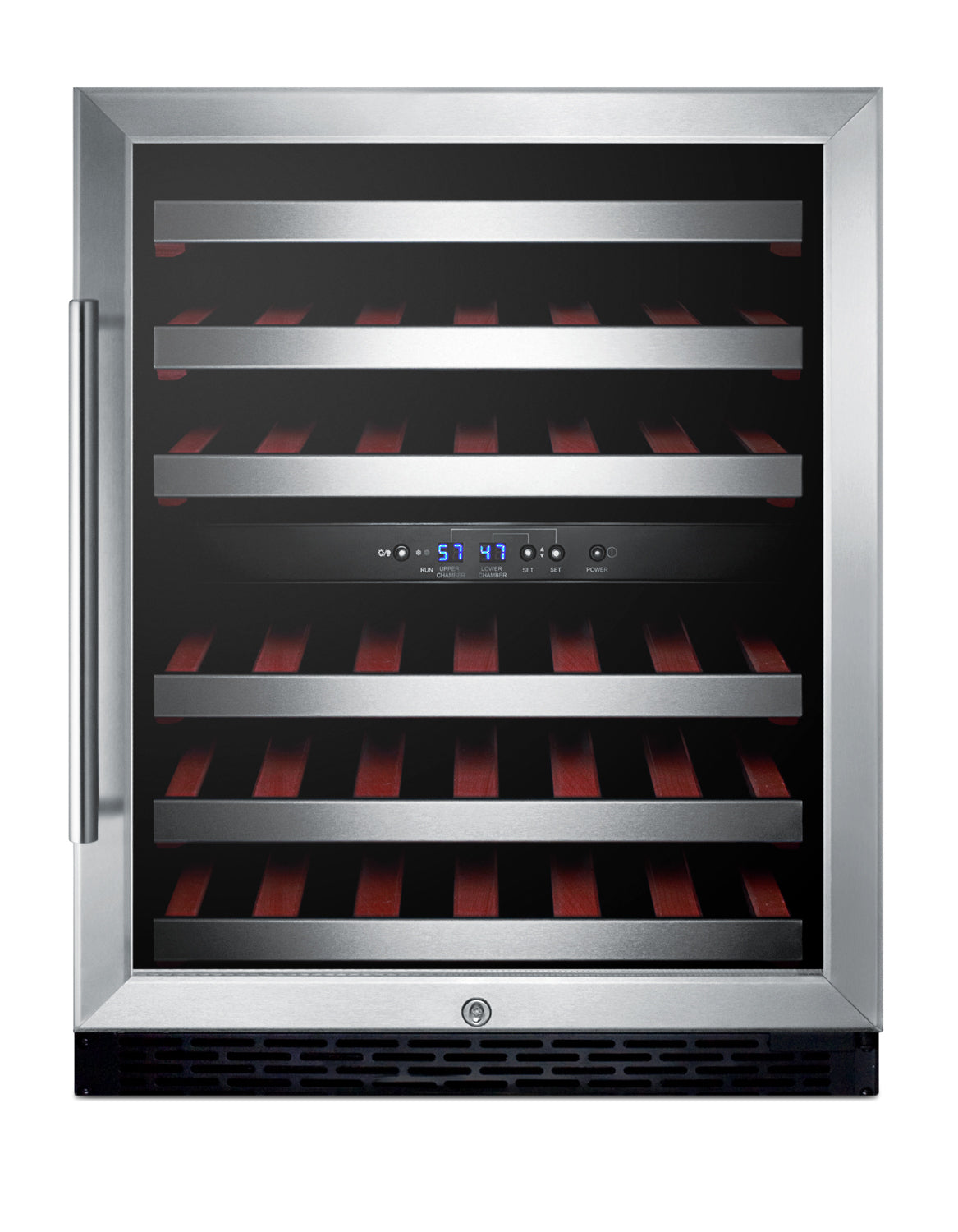 Built-in stainless steel wine cellar with dual temperature controls and wooden shelving in kitchen appliance collections