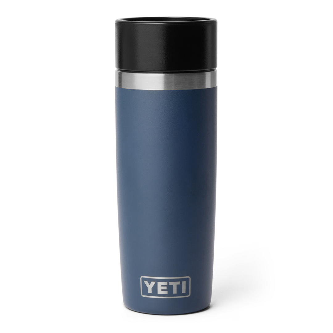 Blue insulated 16 oz. travel bottle with stainless steel band and black lid in drinkware and kitchenware collections