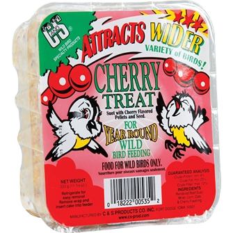 Plastic container of cherry-flavored suet with bird illustrations for year-round wild bird feeding use