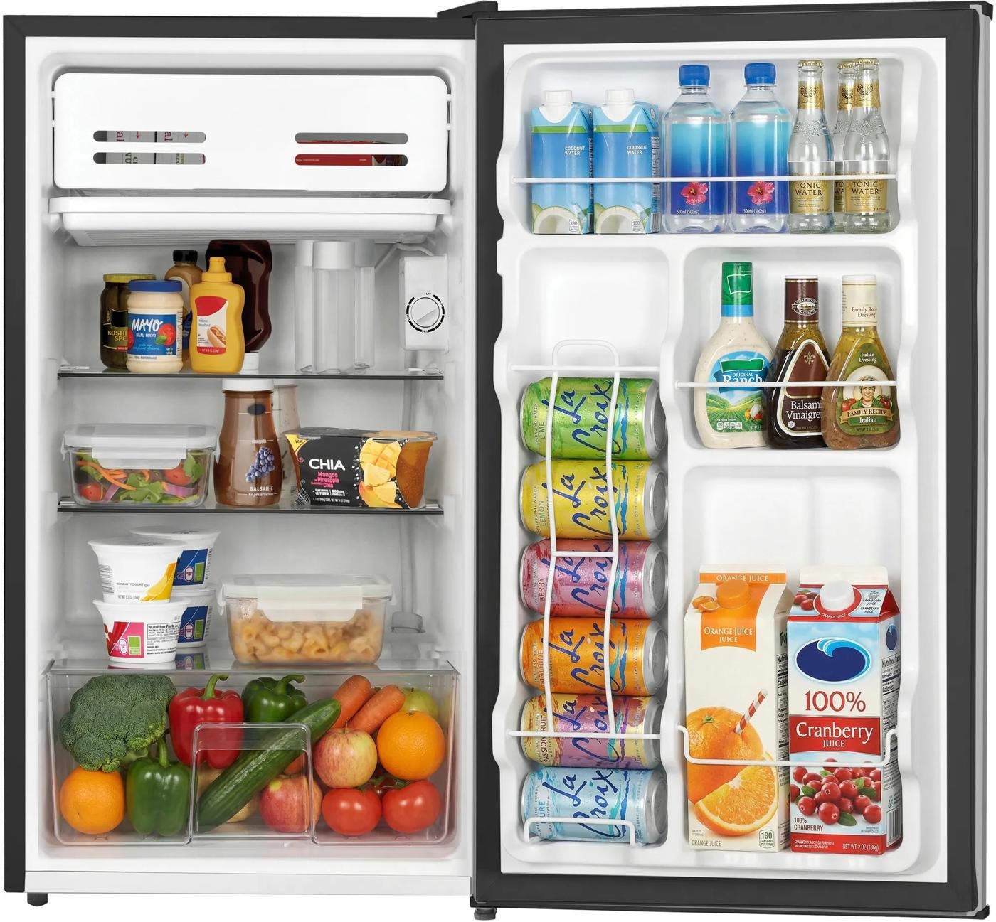 Open compact refrigerator interior with adjustable shelves, can holders, fresh produce drawer, and door compartments stocked with beverages and condiments, suitable for Refrigerators, Mini Refrigerators, Kitchen & Kitchenware, All Products, and Appliances collections.