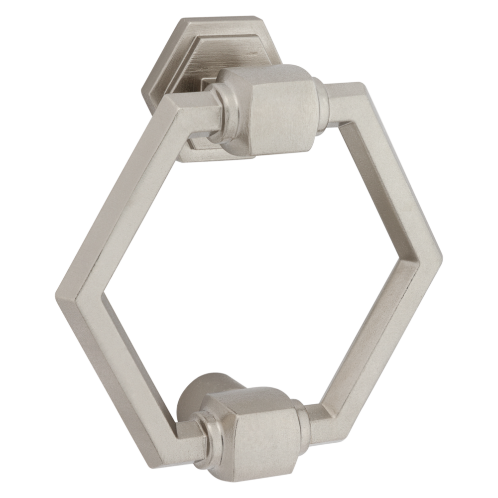 Hexagonal satin nickel door knocker with zinc construction for door accessories and home improvement use