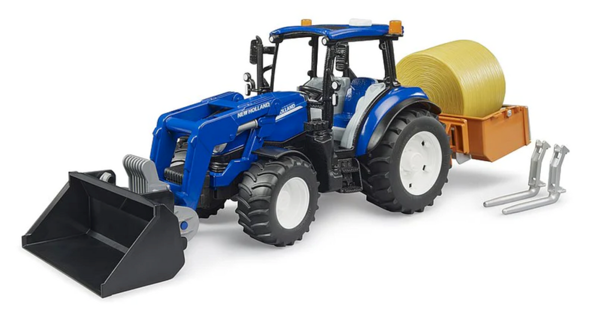 Bruder 09861 New Holland T5.120 with Front Loader, Load Box, Forks and Round Bale