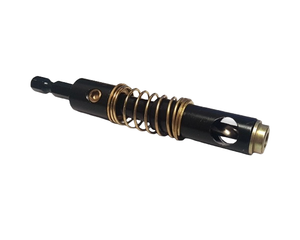 Spring-loaded 5mm shelf pin bit with black and brass finish, part of drill bits and power tool accessories collection under $50