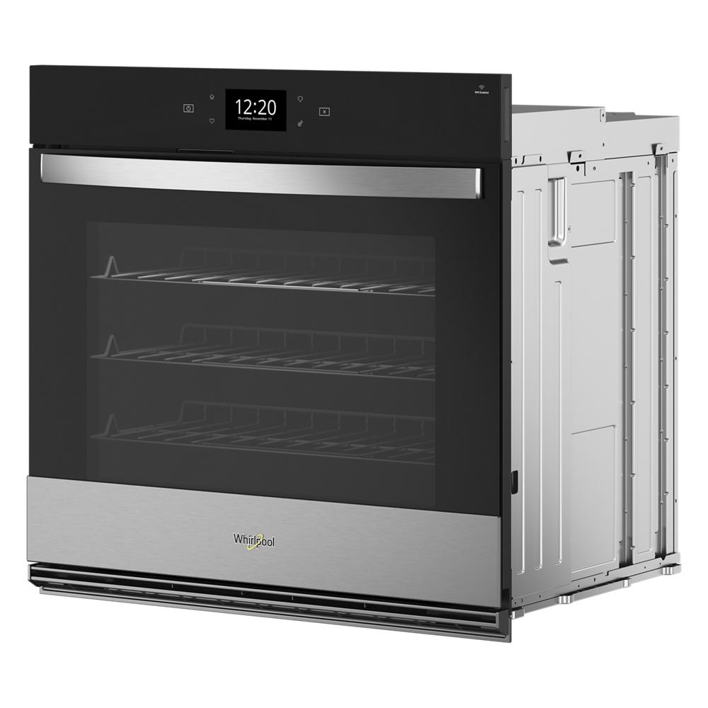 Black and stainless steel single smart wall oven with digital clock and multiple racks in kitchen appliances collection