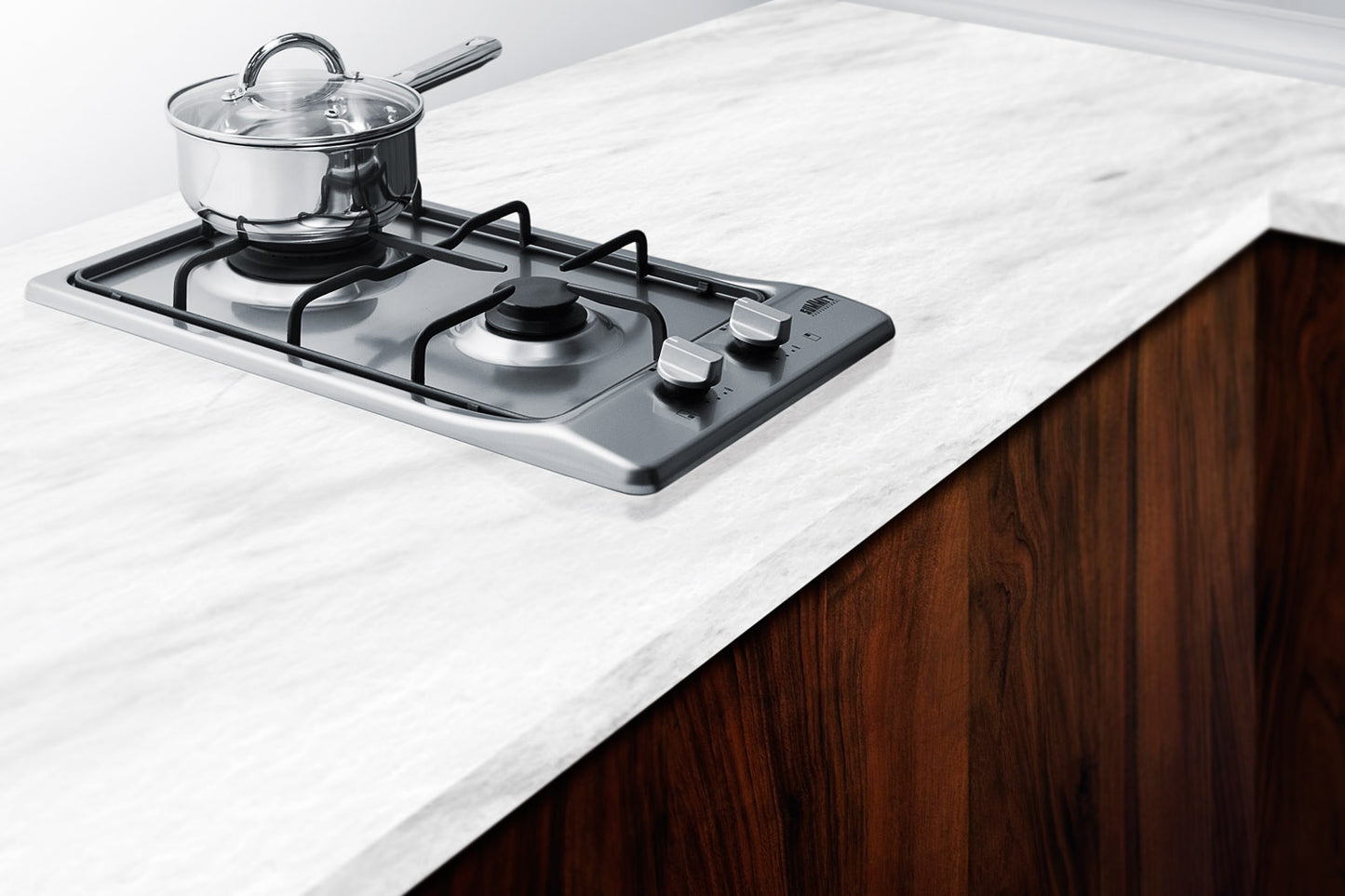Two-burner stainless steel gas cooktop with control knobs and cast iron grates in Cooktops and Kitchen & Kitchenware collections