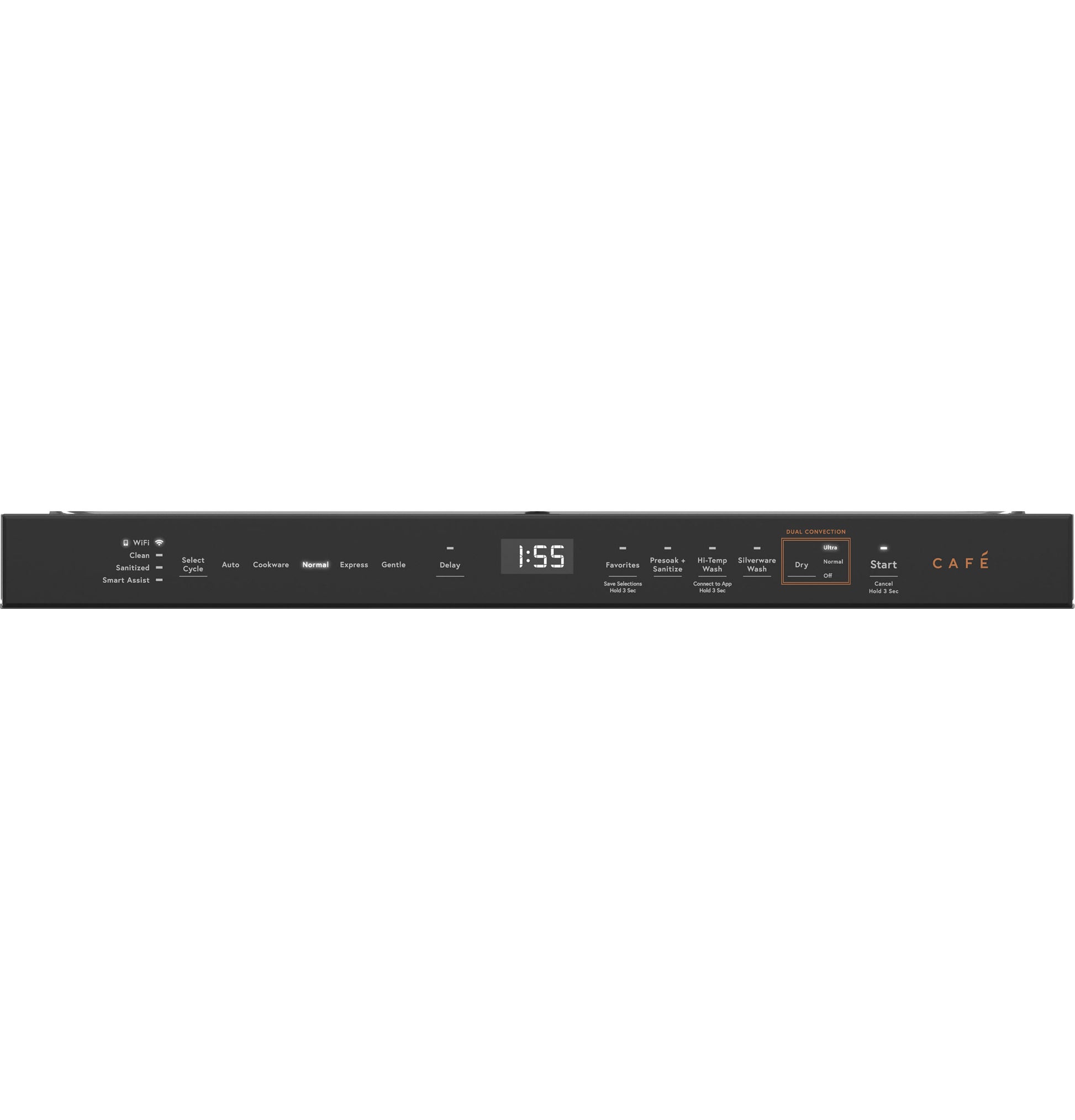 Control panel of black stainless steel smart dishwasher featuring digital display and multiple cycle options from built-in dishwashers collection