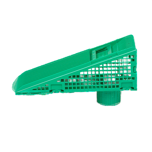Green plastic wedge-shaped downspout screen with mesh design for home improvement and gutter protection use