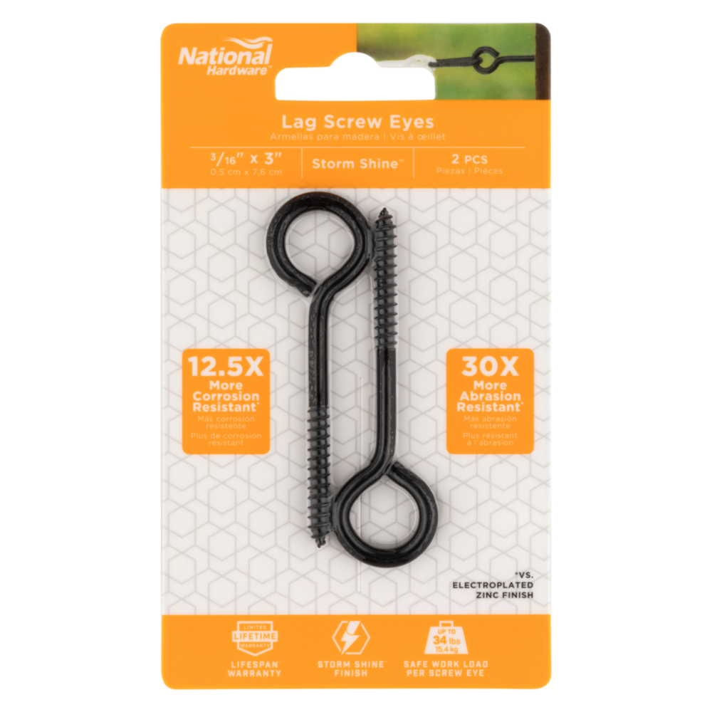 Set of two black Storm Shine lag screw eyes with corrosion-resistant finish for hardware, hooks & fasteners under $50 collections