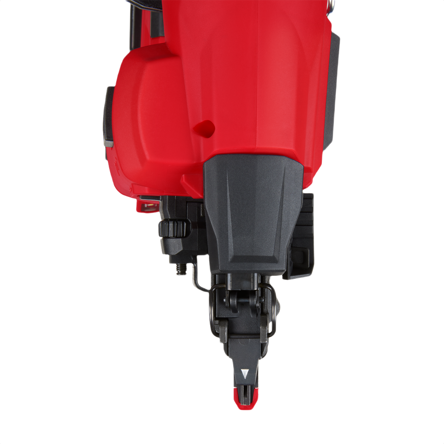 Close-up of red and black 16-gauge angled finish nailer tip for precise woodworking in home improvement projects