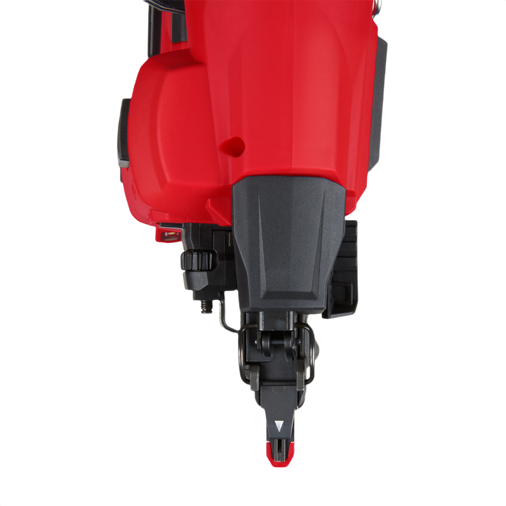 Close-up of red and black 16-gauge angled finish nailer tip for precise woodworking in home improvement projects