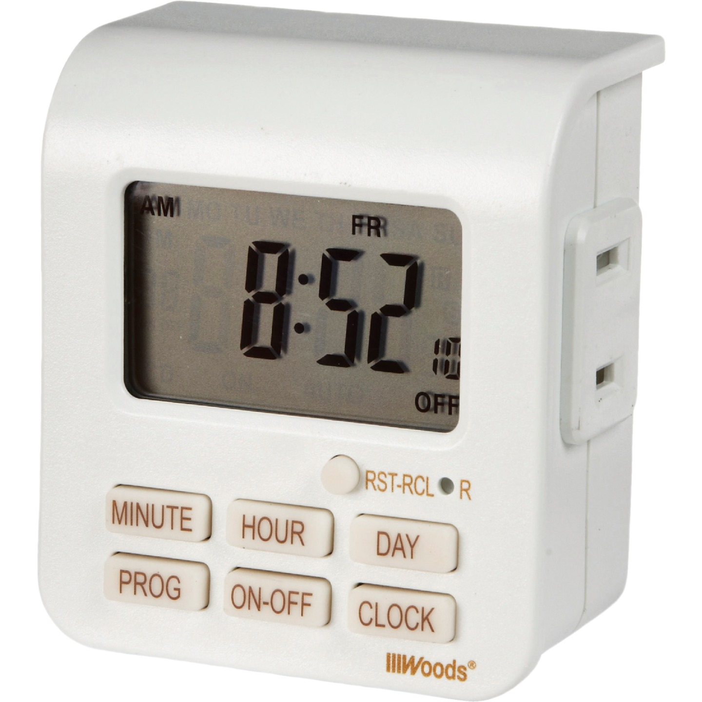 Compact white digital indoor timer with LCD display and programmable buttons for home improvement use