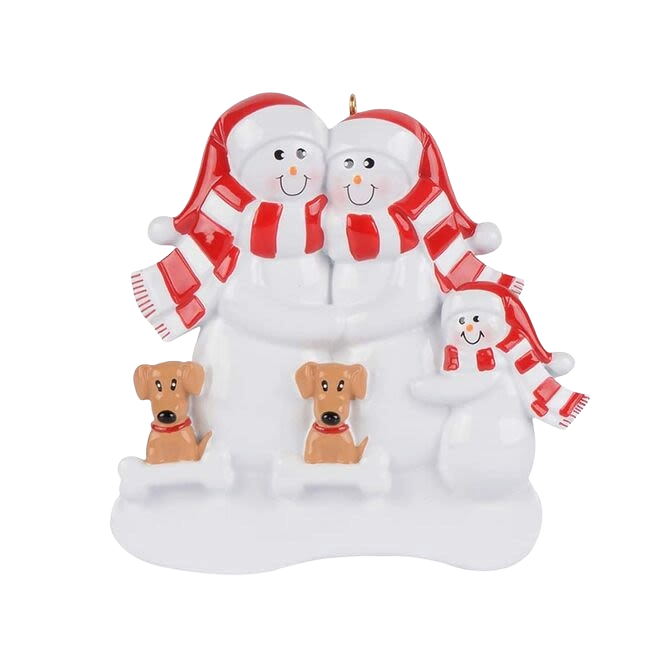 Snow family of three wearing red scarves and hats with two tan dogs, Christmas tree decoration under $50