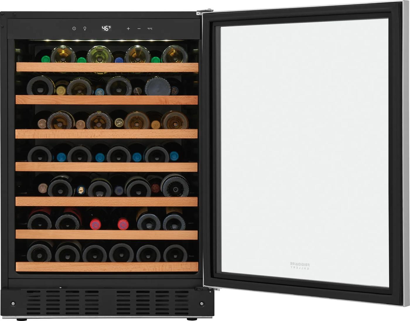Black wine cooler with wooden shelves storing assorted wine bottles in kitchen appliances and refrigerators collection