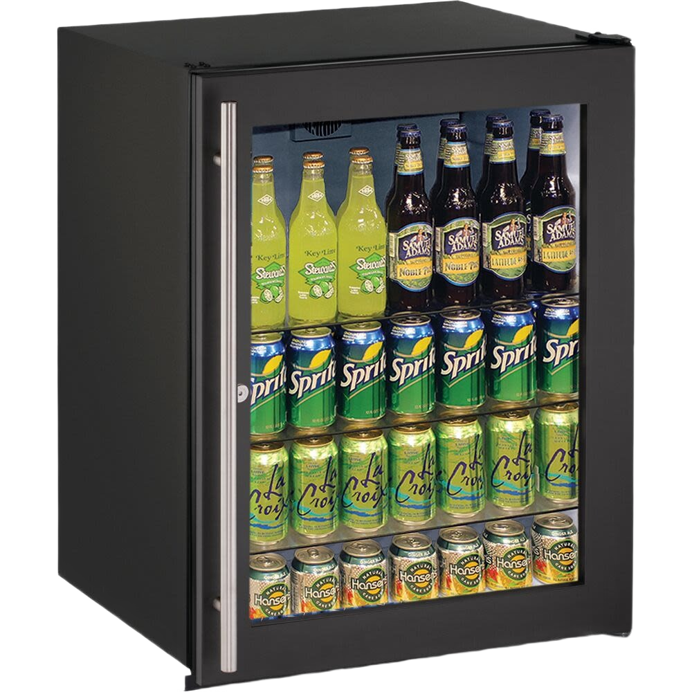 black frame refrigerator with reversible lockable glass door stocked with assorted bottled and canned beverages