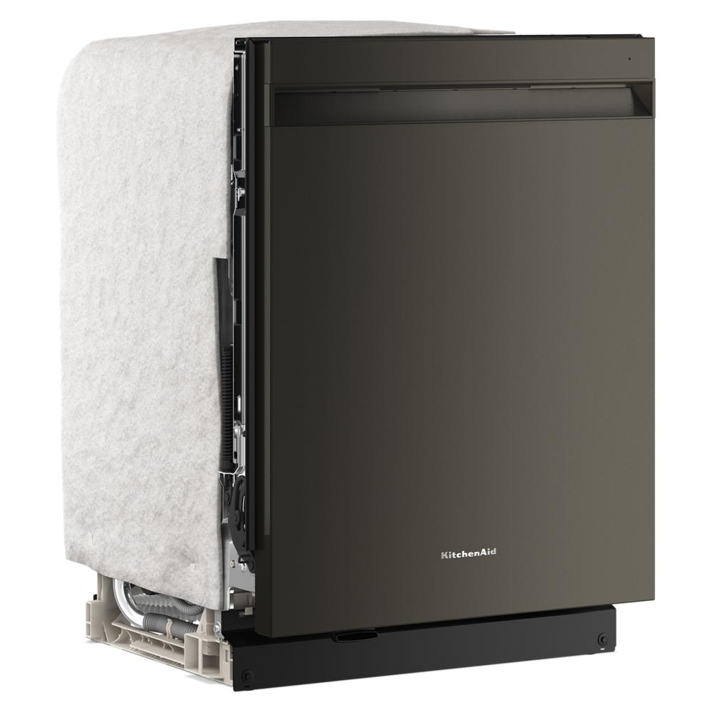 Matte black KitchenAid top control dishwasher partially covered with protective white insulation from Appliances and Dishwashers collections
