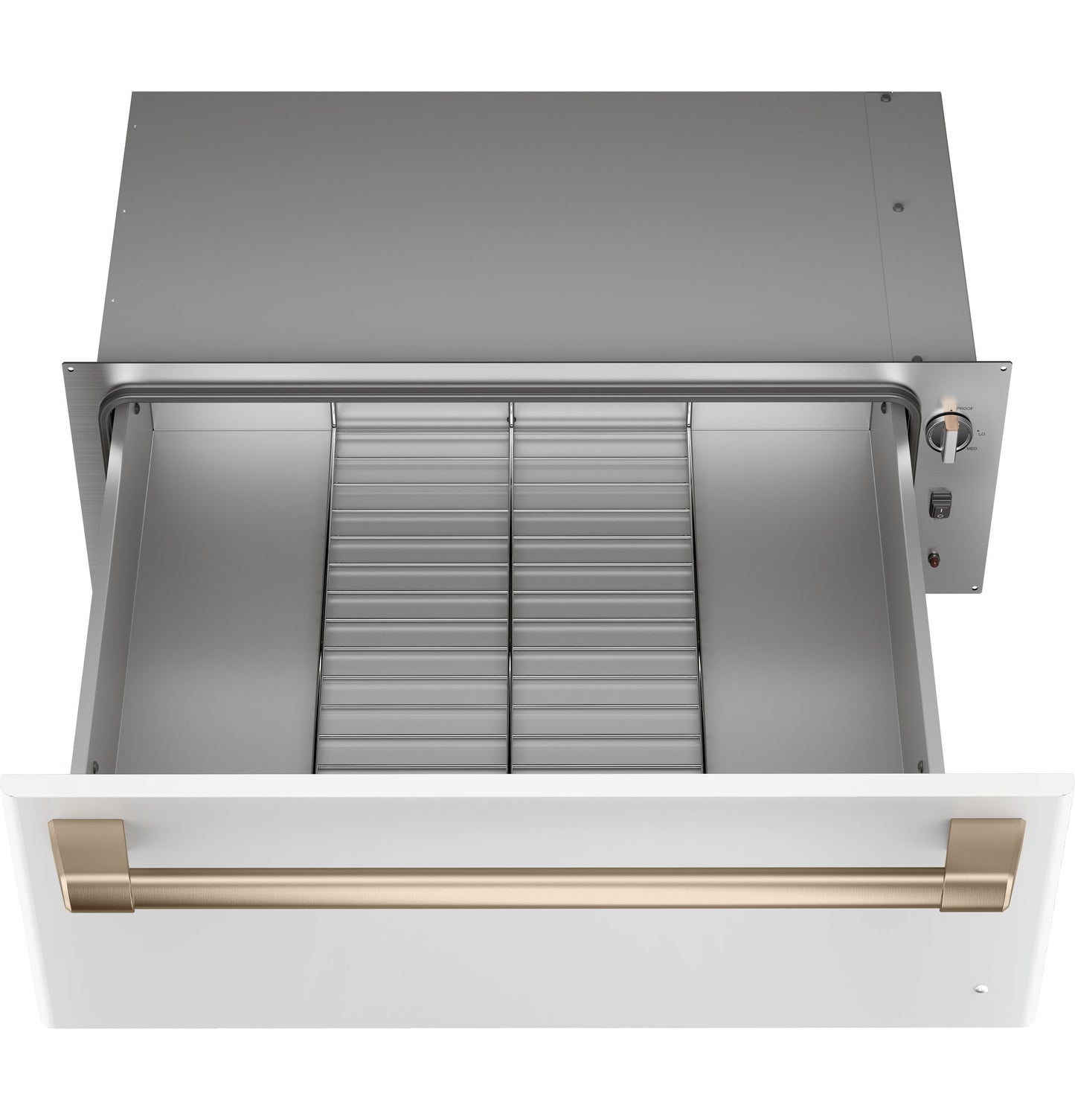 White warming drawer with bronze handle and adjustable temperature control in kitchen appliances and wall ovens collection