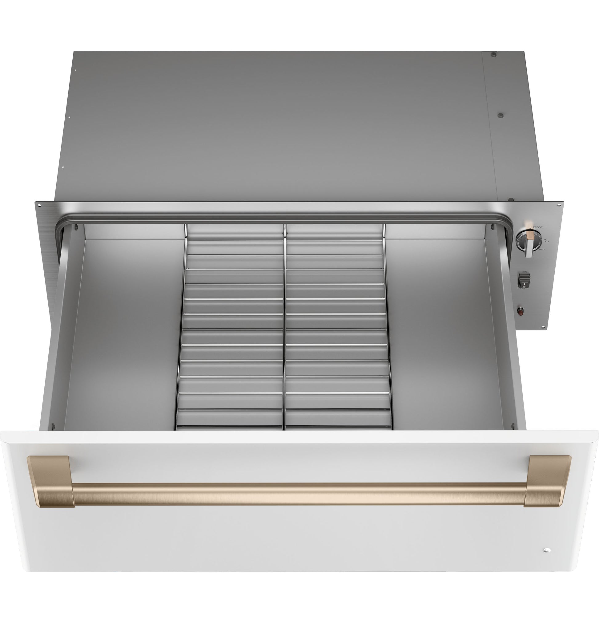 White warming drawer with bronze handle and adjustable temperature control in kitchen appliances and wall ovens collection