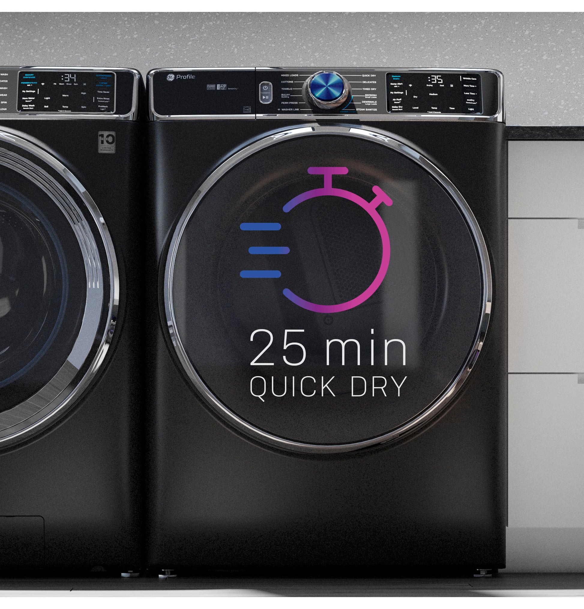 Black smart front load electric dryer with digital control panel and quick dry cycle displayed in modern laundry setting