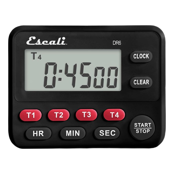 Compact black digital kitchen timer with four event buttons and easy-to-read display for multitasking cooking tasks