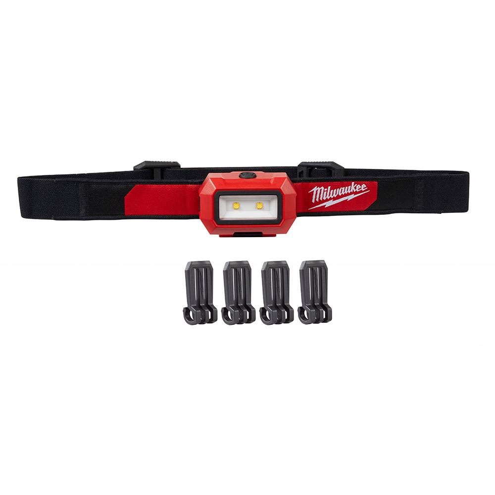 Red and black LED headlamp with adjustable elastic strap and multiple black mounting clips for hands-free lighting in home improvement tasks