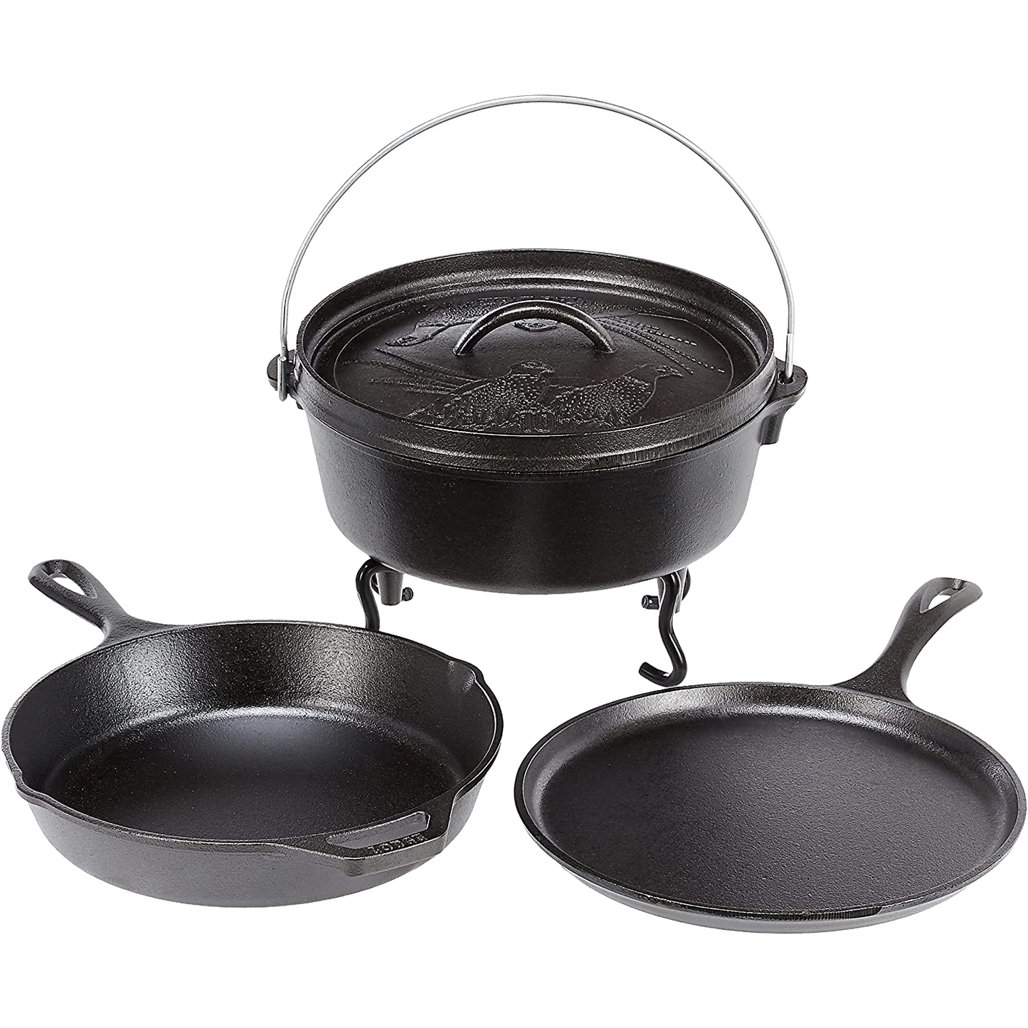 Five-piece cast iron cookware set with skillets, Dutch oven with wildlife engraving, and a stand for kitchen use