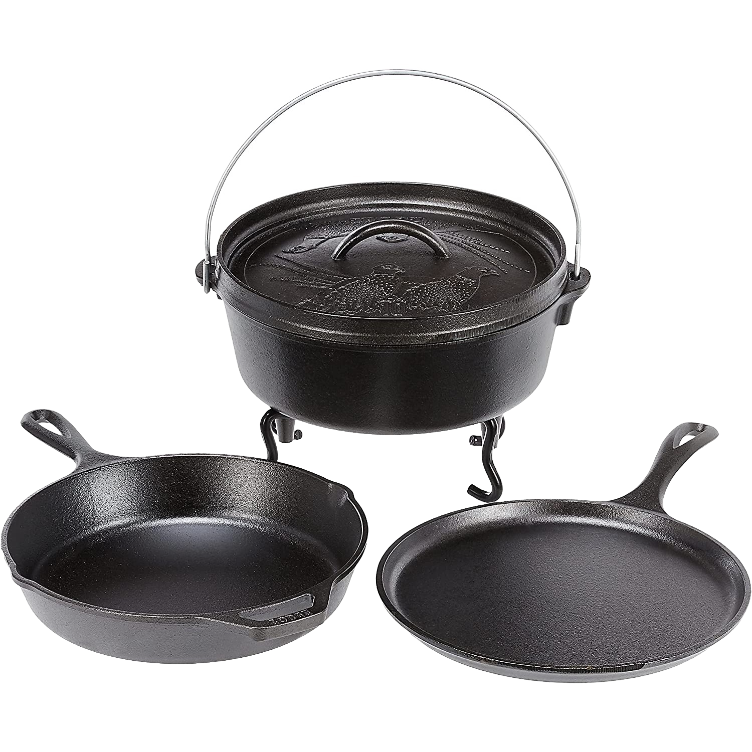 Five-piece cast iron cookware set with skillets, Dutch oven with wildlife engraving, and a stand for kitchen use