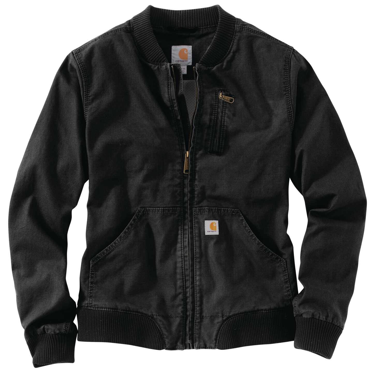 Women's black relaxed fit bomber jacket featuring rugged flex fabric, zippered chest pocket, ribbed collar and cuffs, designed for durable outerwear collections.