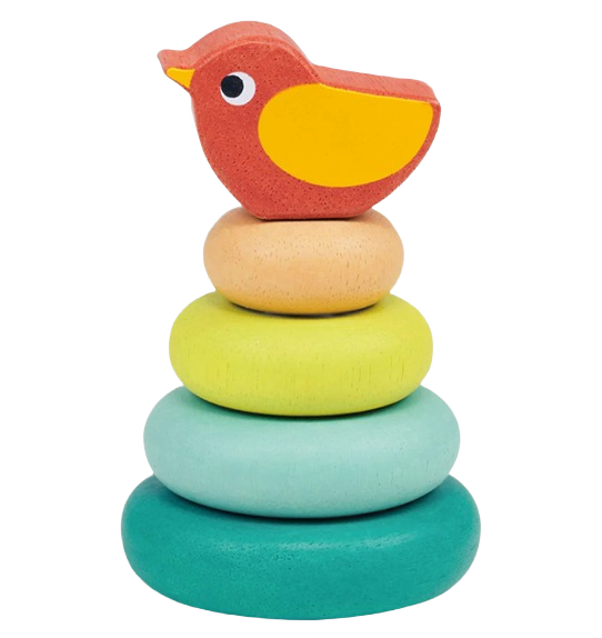Stackable wooden toy with colorful rings topped by a red and yellow bird for children's play and early learning.