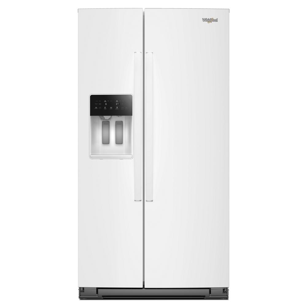 36-inch wide white side-by-side refrigerator with external water and ice dispenser in kitchen appliances collection