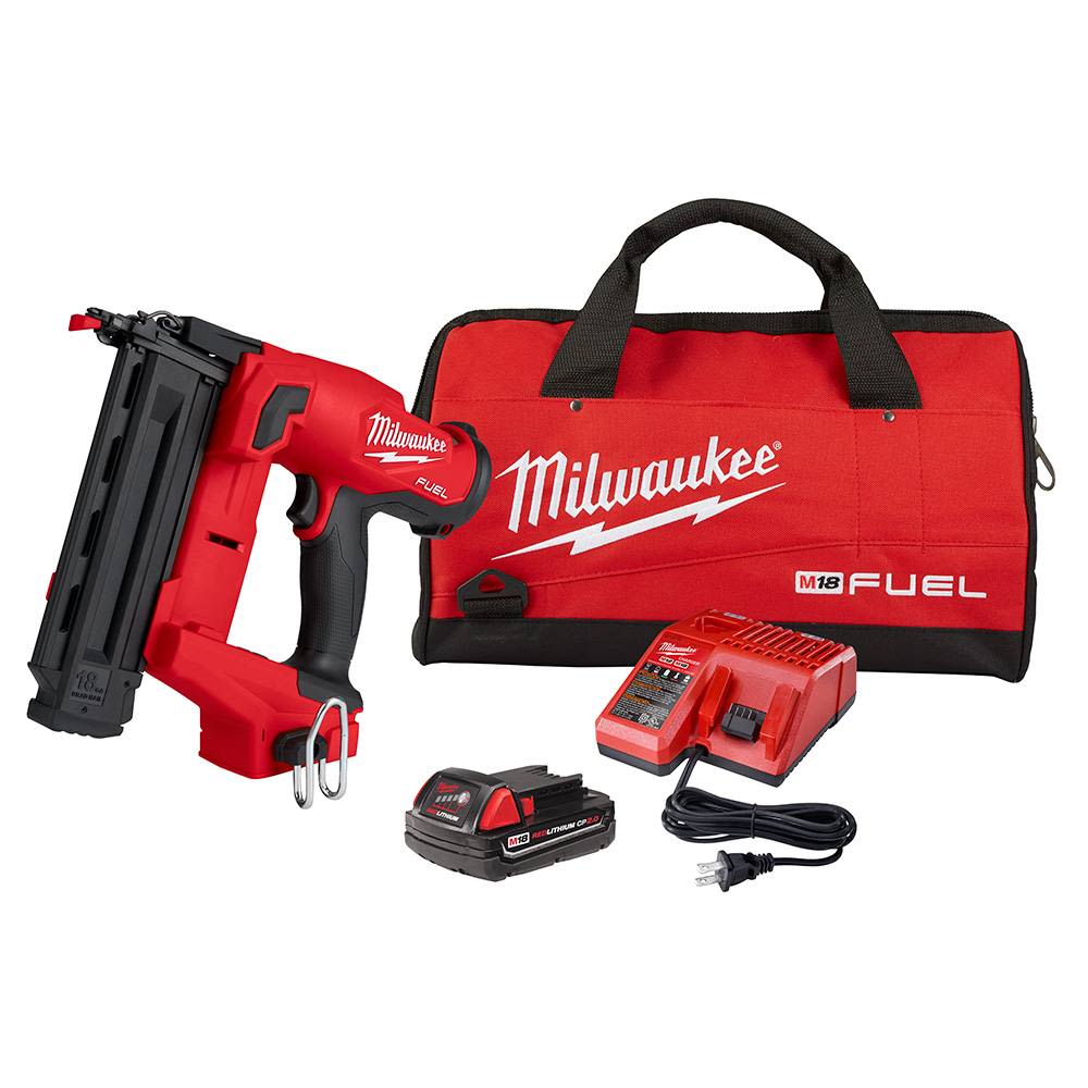 Red cordless 18 gauge brad nailer with battery, charger, and branded carrying bag for tools and home improvement.
