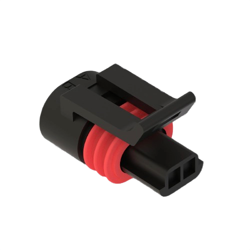 Black electrical connector housing with red sealing ring designed for John Deere parts and accessories collections