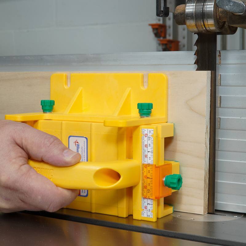 Yellow Microjig safety tool with adjustable guide for controlled cutting in saw and power tool accessories collections
