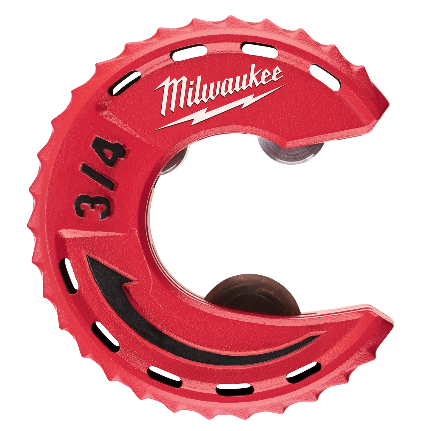 Red cast metal tubing cutter head with size marking and Milwaukee logo for home improvement and tools use