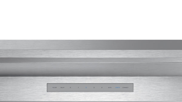 control panel close-up on stainless steel range hood with LED indicators for kitchen ventilation appliances
