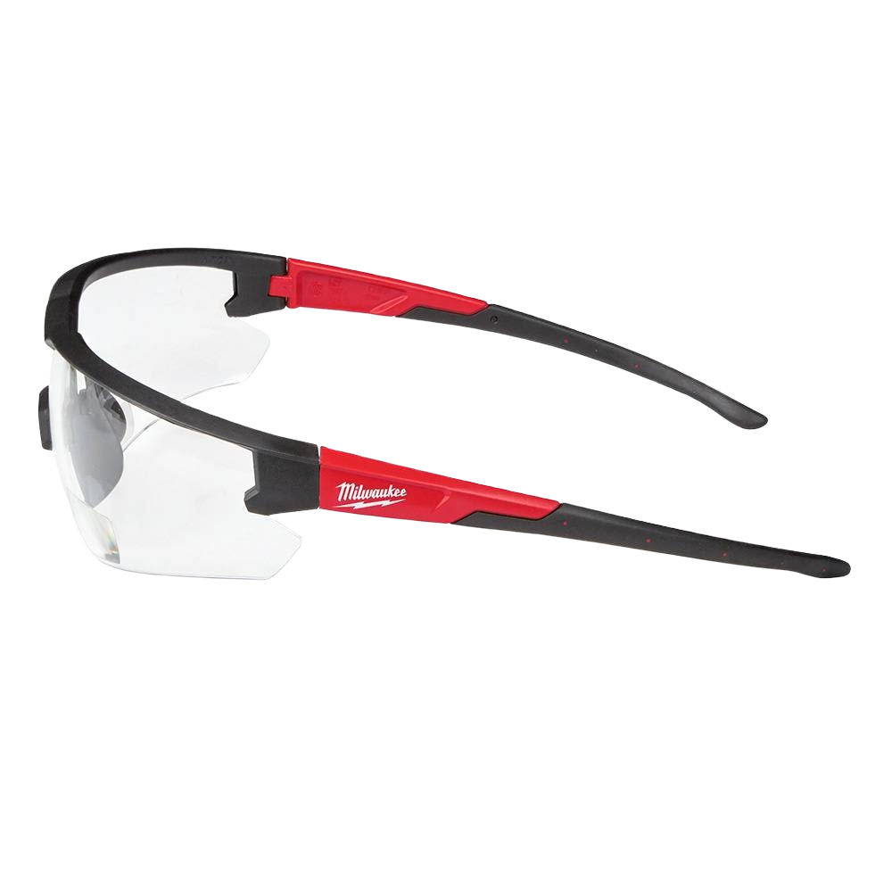 Clear protective eyewear with black and red frame, featuring 3.0 magnification for eye protection in home improvement tasks