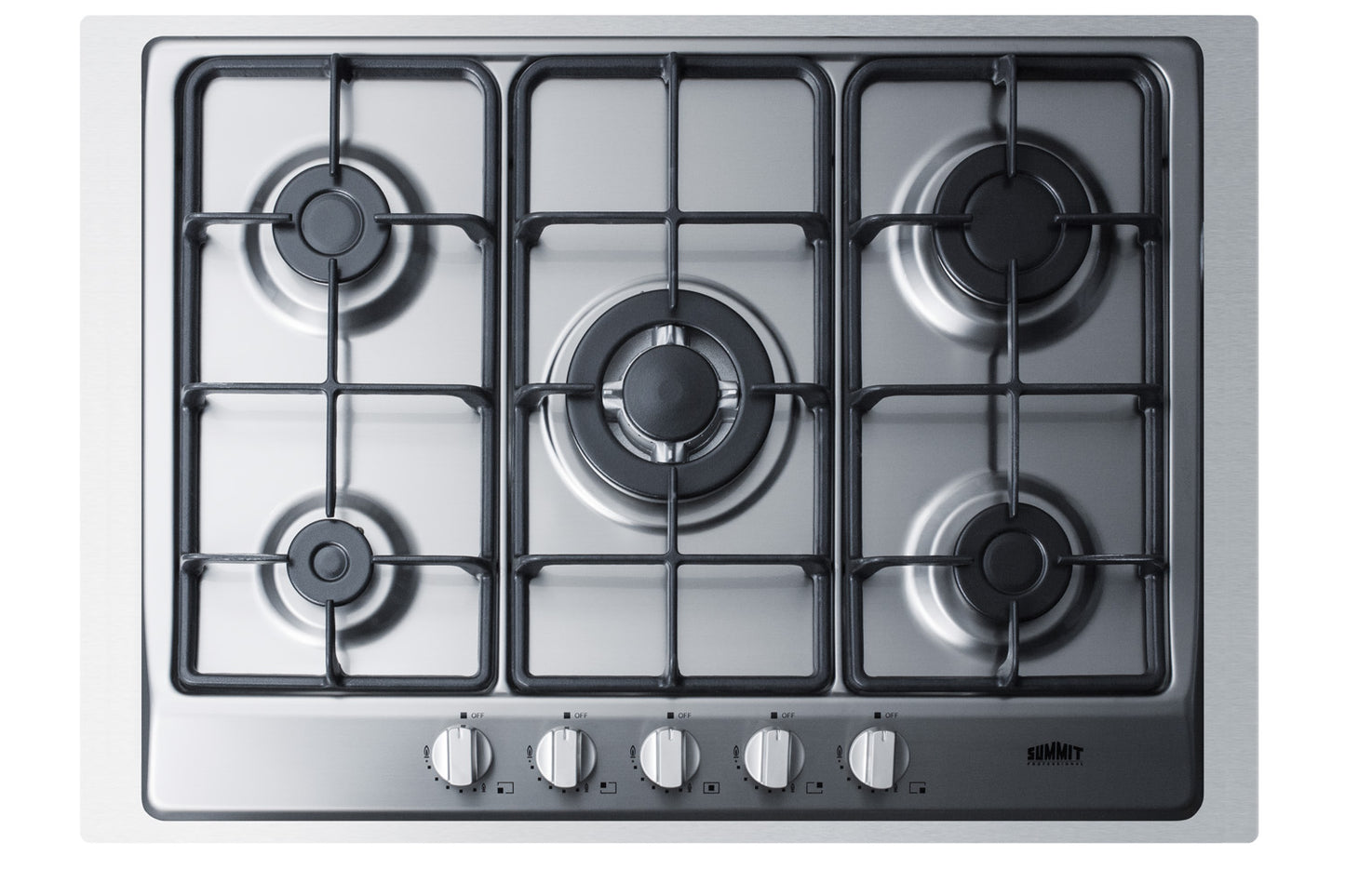 Stainless steel 30-inch gas cooktop with five burners and centrally located control knobs in kitchen appliances collection