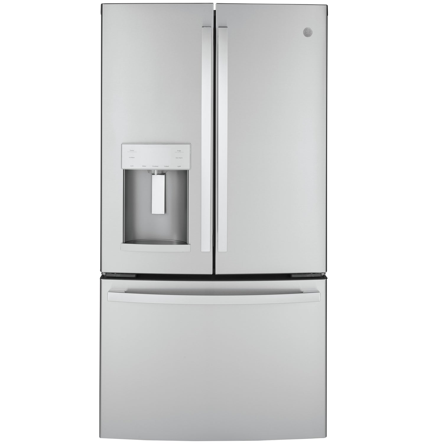 Stainless steel French-door refrigerator with bottom freezer and built-in water dispenser in kitchen appliances collection