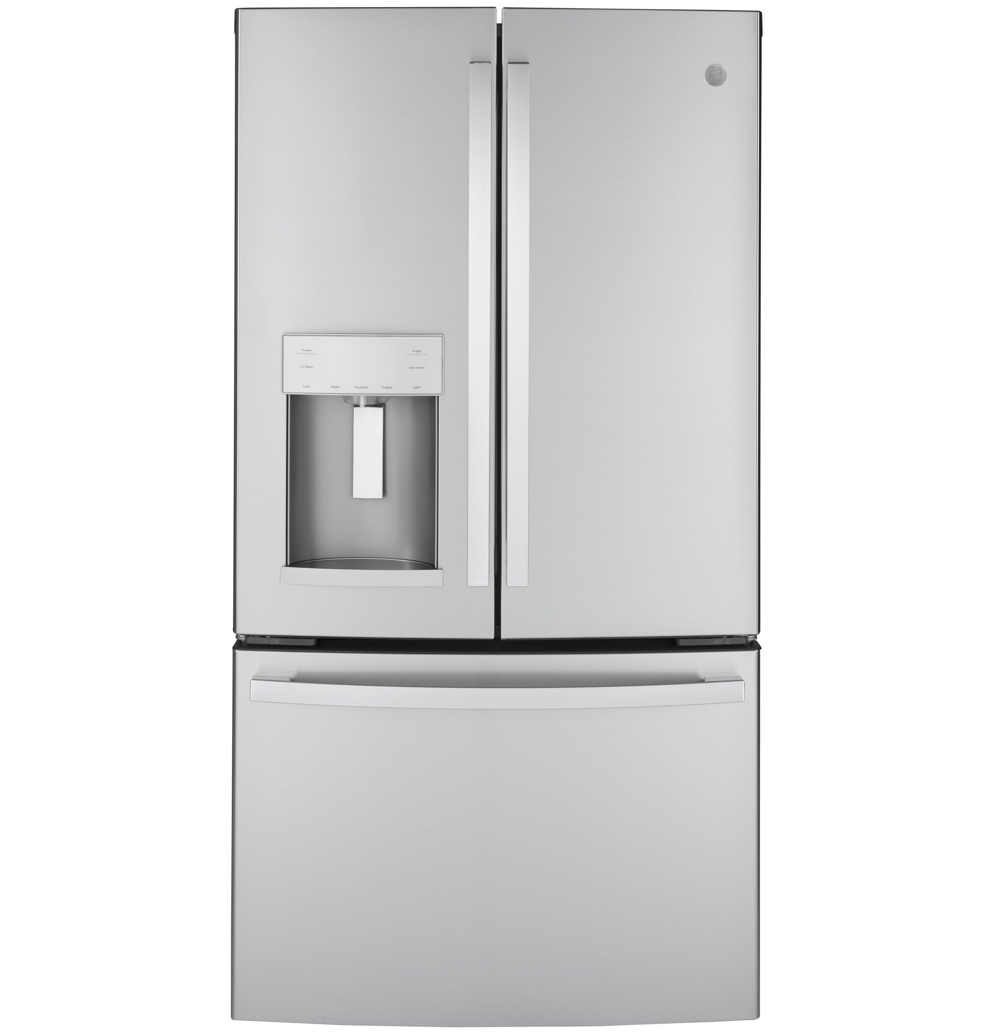 Stainless steel French-door refrigerator with bottom freezer and built-in water dispenser in kitchen appliances collection