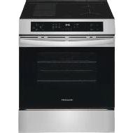 Stainless steel induction range with front control panel and smooth cooktop, part of kitchen appliance collections