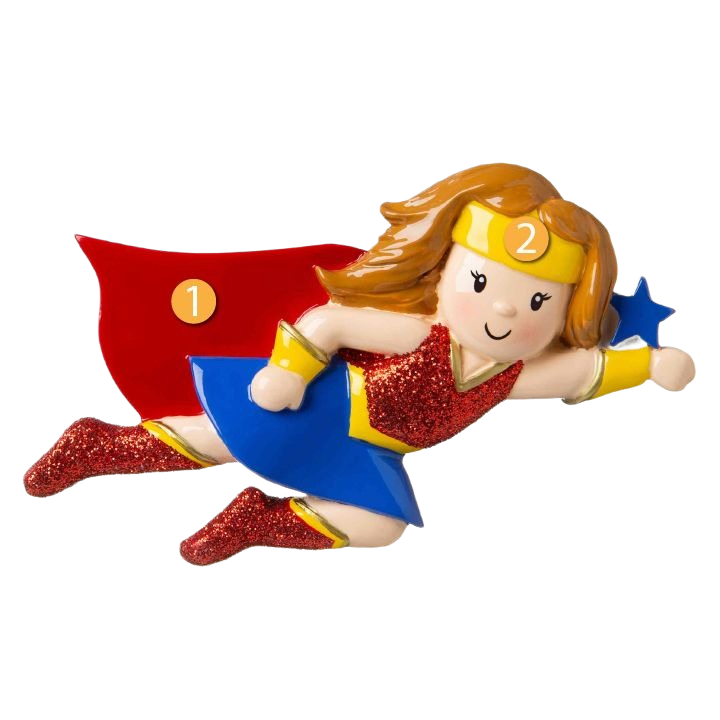 Whimsical girl superhero ornament with red glitter cape and boots, blue skirt, and golden headband festive tree decoration under 50 dollars