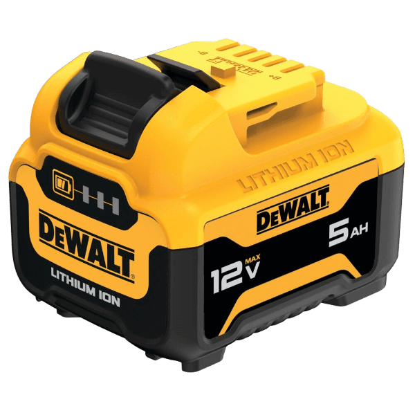 Yellow and black lithium ion 12V portable battery pack with 5Ah capacity for tools and home improvement use