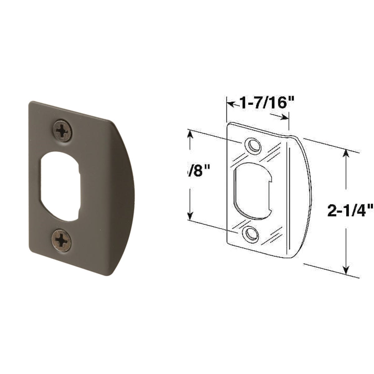 Bronze finish strike plate with mounting screws and dimensions for home improvement hardware installation