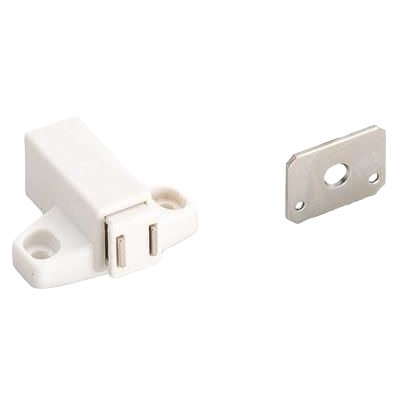 White touch latch catch with metal striker plate for furniture hardware and cabinet improvement projects