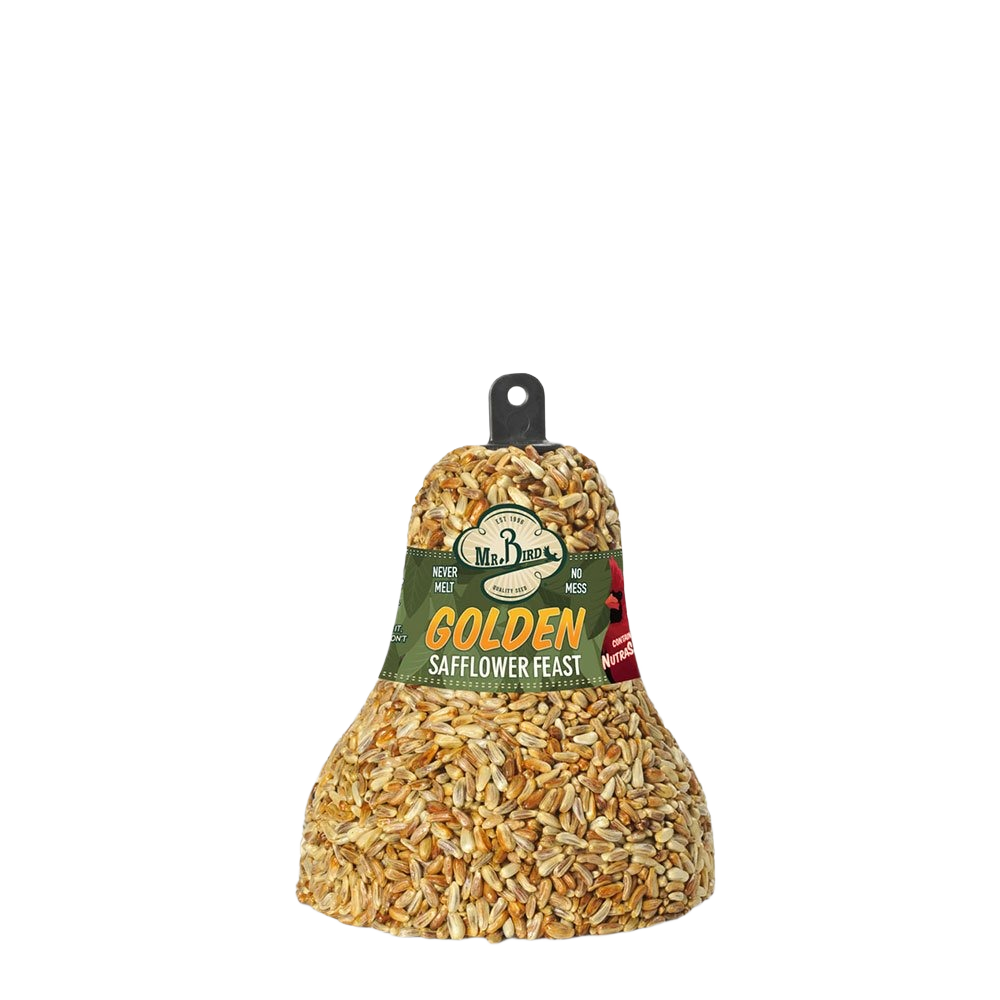 Bell-shaped bird feeder filled with golden safflower seeds and labeled for easy outdoor placement