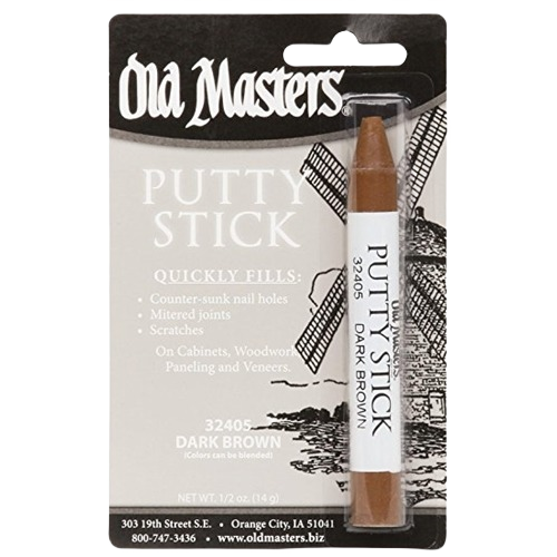 Old Masters dark brown putty stick for filling nail holes, scratches, and wood panel imperfections in home improvement projects